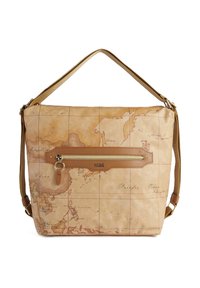 Borsa a spalla stampata con mappa, con una tracolla in pelle color tan; presenta una tasca anteriore con zip e una cerniera in tono oro, e una finitura leggermente testurizzata.
