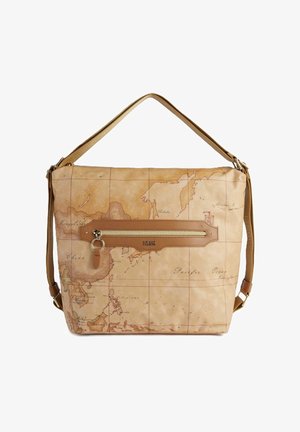 Borsa a spalla stampata con mappa, con una tracolla in pelle color tan; presenta una tasca anteriore con zip e una cerniera in tono oro, e una finitura leggermente testurizzata.