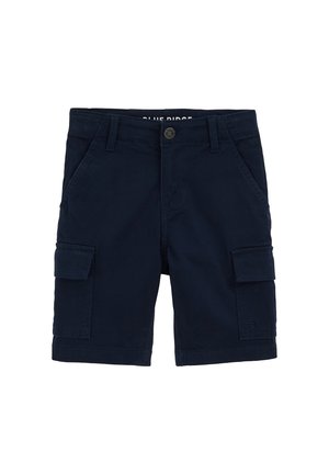Marineblauwe cargoshorts met voorzakken, riemlussen, knoopsluiting en klepzakken op elke dij.