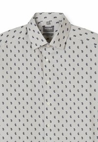 Hellgraues Hemd zum Knöpfen mit einem Paisley-Muster in Marineblau, vertikalen Streifen, einem klassischen Kragen und einem komfortablen Schnitt.