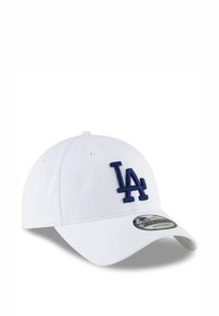 Weißer Baseballschläger mit einem dunkelblau gestickten "LA"-Logo auf der Vorderseite, gebogenem Schirm und passgenauer Form. Strukturierter Stoff, sechsseitige Struktur.