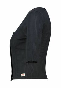 Mustassa ribbipinnoitetussa neulecardiganissa on lyhyet hihat, napitus ja pieni logoleima helmassa.