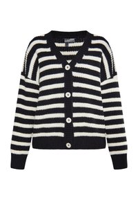 Pletený cardigan s černobílými horizontálními pruhy, výstřihem do V, dlouhými rukávy a pěti knoflíkovým zapínáním vpředu. Texturovaná látka.