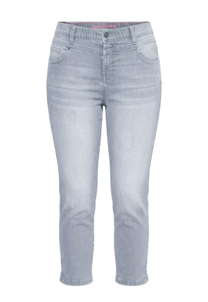 Lichtgrijze, hooggesneden cropped jeans met voorzakken, riemlussen, ritssluiting en knoopsluiting, met subtiele vervaagde details.