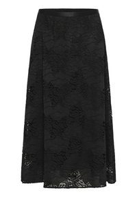 Schwarzer Spitzenrock mit ausgestelltem Design. Verfügt über ein florales Muster, eine strukturierte Oberfläche und einen taillierten Bund. Die Länge reicht bis zur Mitte der Waden.