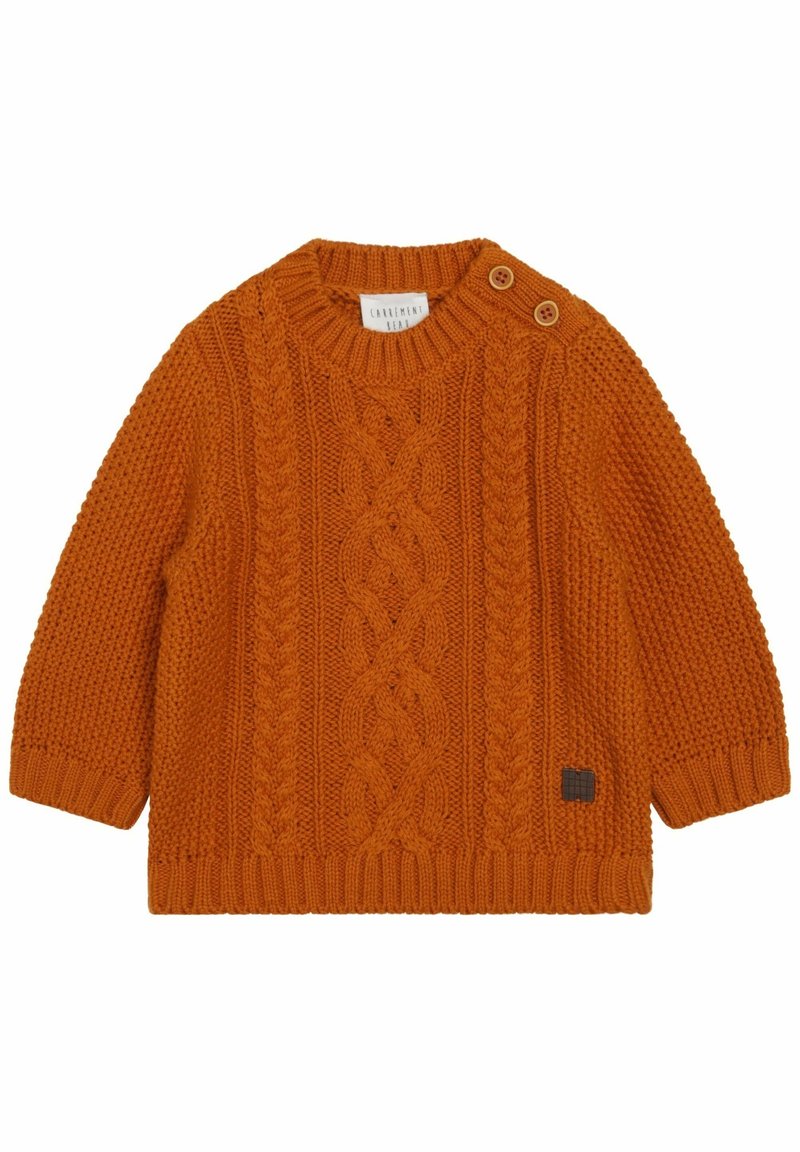 Pull bébé orange tricoté avec motifs torsadés, poignets et ourlet côtelés, col rond avec deux boutons sur une épaule.