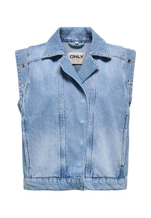 Lyseblå ermeløs denimvest med trykknapper på skuldrene og i midt foran.