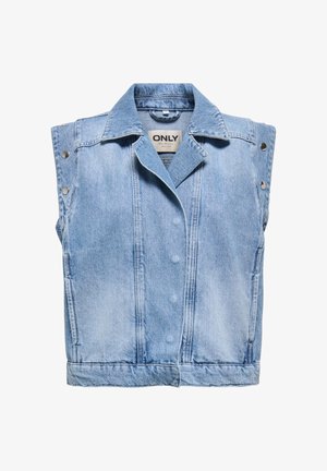 Lyseblå ermeløs denimvest med trykknapper på skuldrene og i midt foran.