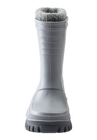 Grey rubber boot with textured sole, vertical grooves on shaft, and grey fabric lining at the top. Waterproof design for outdoor use.