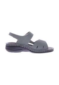 Gray sandal with cut-out details, adjustable back strap, cushioned footbed, and a black, contoured sole with white stitching accents.