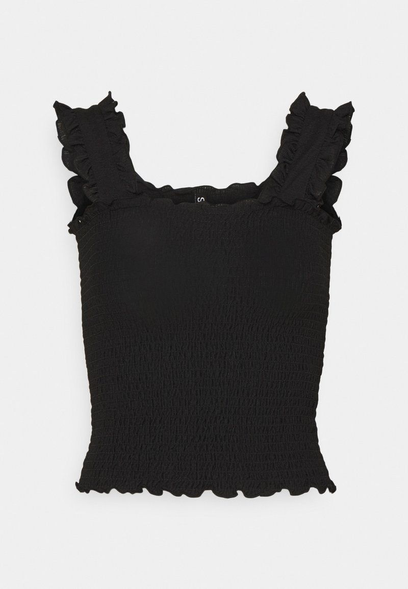 Svart smocket tank top med rynkete stropper og bølgekant. Mykt, strukturert stoff med en tettsittende silhuett som fremhever formen.