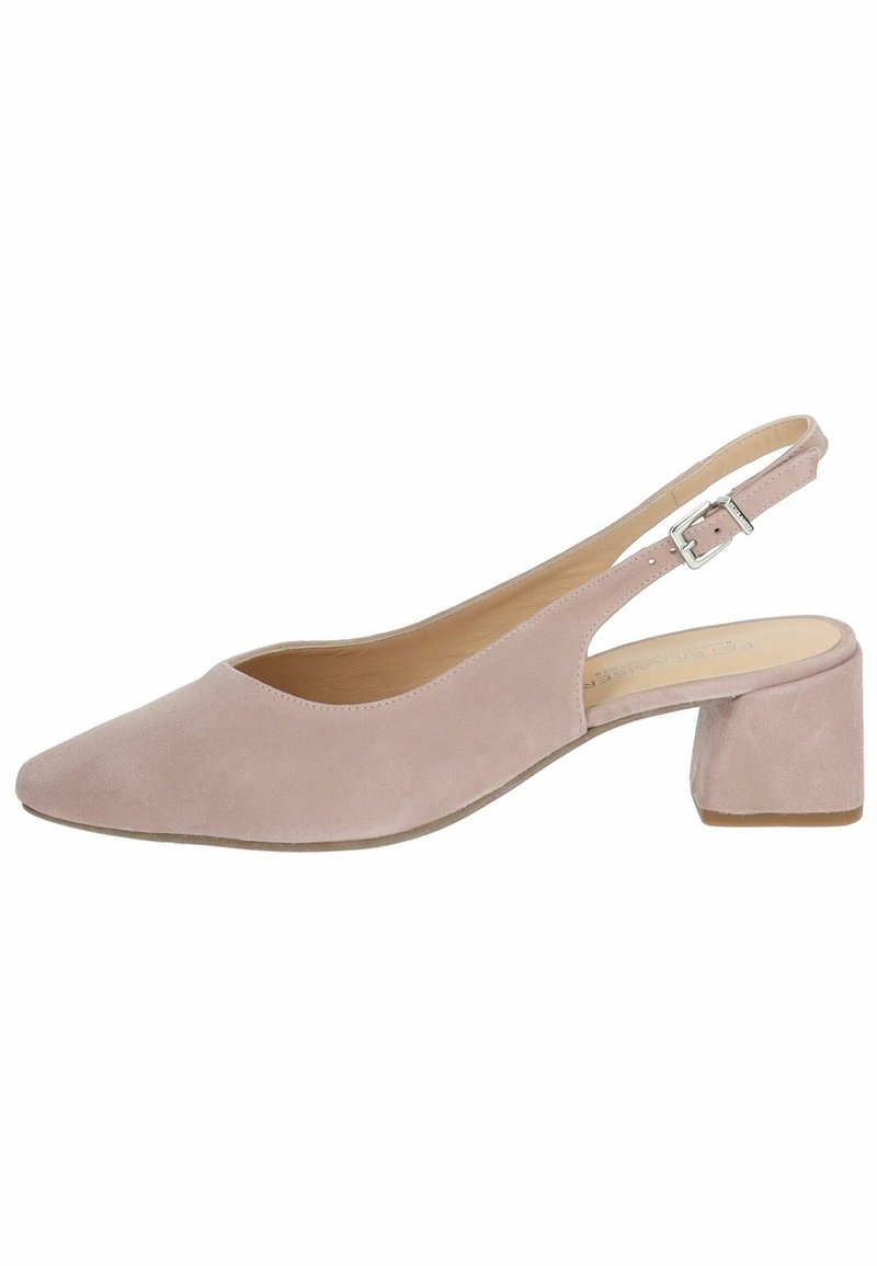 Różowe zamszowe buty na obcasie w stylu slingback z ostrym czubkiem i średnim słupkiem. Posiadają regulowany pasek z klamrą oraz gładkie wykończenie wewnętrzne.