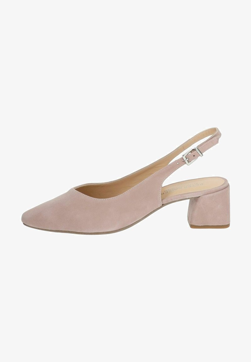 Scarpa slingback in suede rosa pallido con punta affilata e tacco medio a blocco. Presenta una tracolla con fibbia regolabile e una fodera interna liscia.