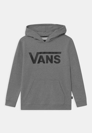 Szara bluza z kapturem z przednią kieszenią kangur i czarnym logo Vans na klatce piersiowej.