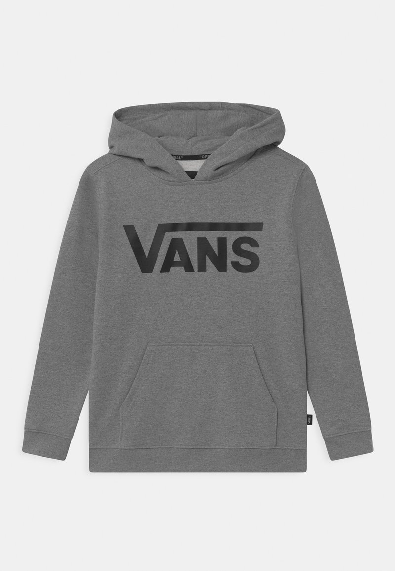 Sweat-shirt à capuche gris avec poche kangourou à l'avant et logo Vans noir sur la poitrine.