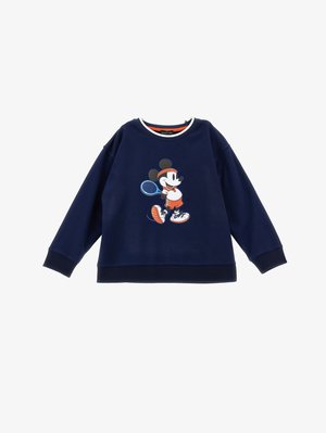 Sweatshirt azul-marinho com gola redonda, apresentando uma estampa gráfica do Mickey Mouse a jogar ténis, com realces em laranja e branco.