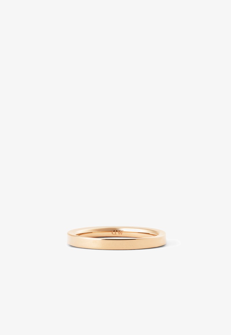 Simple, polished rose gold band ring with a smooth surface and subtle "DW" engraving on the inside.
