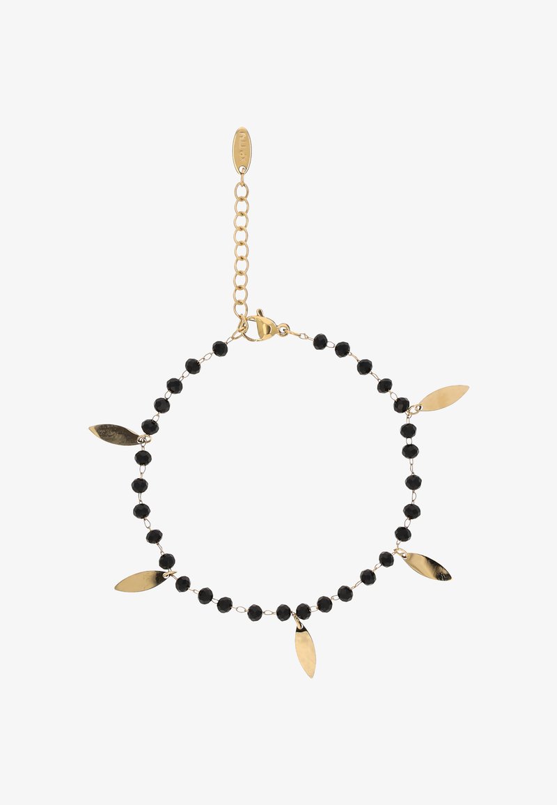 Choker di perline nere e dorate con accenti di foglia dorata lucida, una catena delicata e un gancio a moschettone per la chiusura.