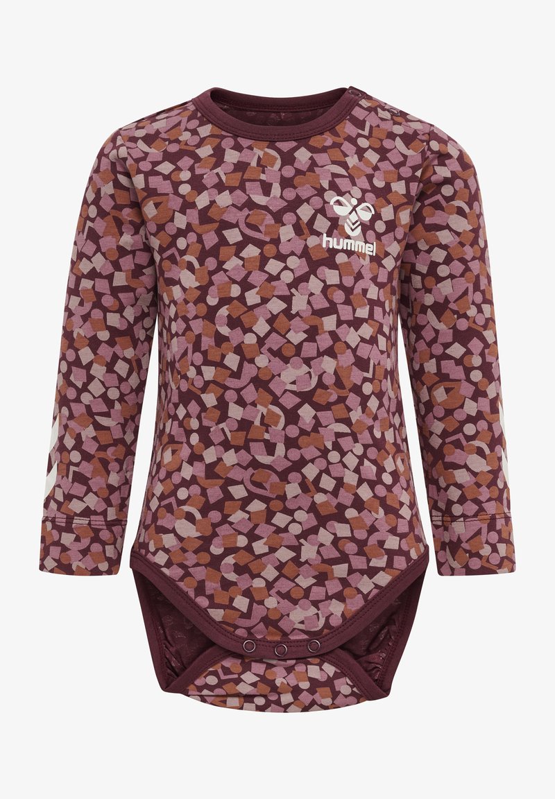 Långärmad bodysuit i vinröd med ett geometriskt mönster i rosa och brunt. Har tryckknappar i botten och en rund halsringning.