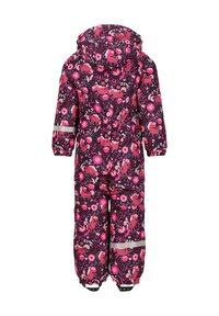 Lyserød, floral-isoleret skitest med dyremønstre på en mørk baggrund; har hætte, reflekterende striber og elastiske manchetter.