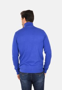 Maglione blu a collo alto con coste, maniche lunghe, design aderente e texture uniforme. Indossato sopra jeans di denim scuro, visto da dietro.