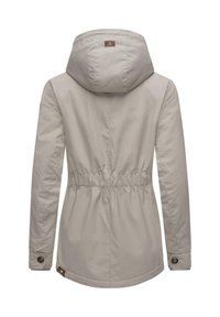 Light grey, mid-length jacket with a cinched waist, hood, and button accents. Made from smooth, durable fabric, featuring a simple, clean design.