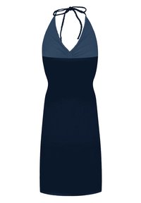 Navy Halterkleid mit tailliertem Oberteil, das einen hellblauen oberen Abschnitt und strukturierte Raffung am Ausschnitt aufweist, glatte Stoffe im gesamten Kleid.