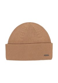 Brown ribbed knit beanie with a folded cuff and a small rectangular metal brand tag on the lower right side.