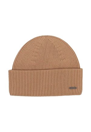 Brown ribbed knit beanie with a folded cuff and a small rectangular metal brand tag on the lower right side.