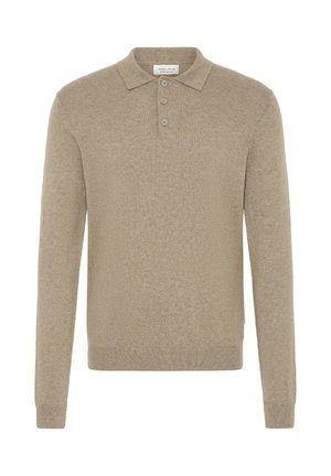 Bež pikapolo s pikaljastega materjalist, millel on krae ja kolm nupuvajutust, sobib hästi ning ribaga alläär.