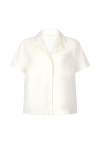 Short-sleeve, cream shirt made of soft fabric, featuring a collar, button placket, and a front pocket on the left side.
