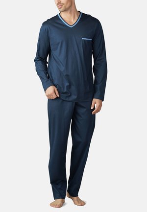 Navyblaue Schlafanzug-Set mit einem langärmeligen V-Ausschnitt-Top mit hellblauer Einfassung und einer Brusttasche, kombiniert mit passenden Hosen.