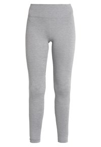 Leggings grigi con una texture liscia, vita alta e design a lunghezza completa. Nessun motivo visibile o dettagli hardware.