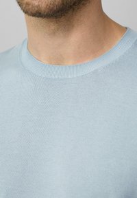 Lichtblauwe crewneck trui met een gladde textuur, fijngebreide stof en ribbelkraag, met een minimaal ontwerp zonder patronen.