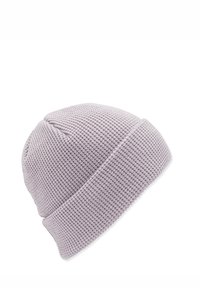 Light lavender knitted beanie with a textured, ribbed pattern and a folded cuff. Soft material and cylindrical shape, ideal for casual wear.