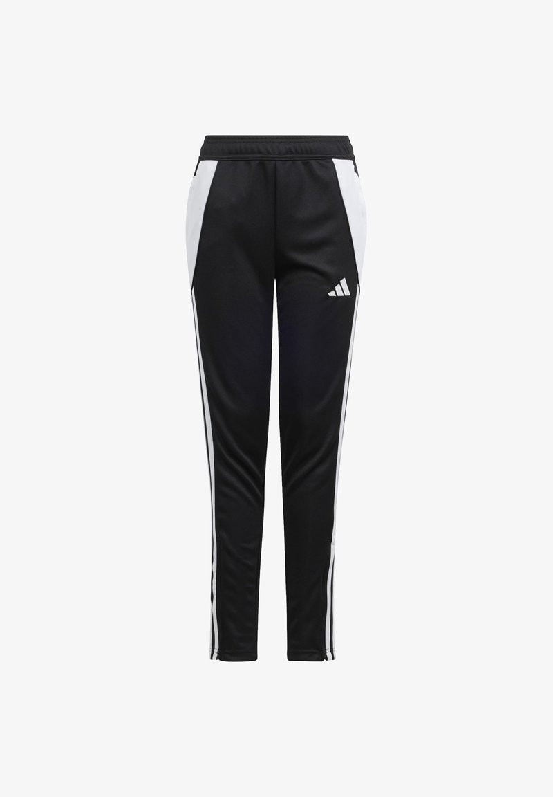Black athletic pants with white side panels, tapered cut, elastic waistband, and a small white logo on the left thigh. Smooth texture.
