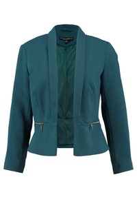 Tyrkysová dámská blazerová bunda s dlouhými rukávy, otevřeným předním dílem, strukturovaným střihem a dvěma malými zipovými kapsami na pasu.