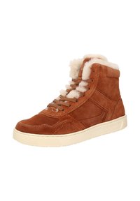 Braune Wildleder High-Top Sneaker mit cremigem Fellfutter, ausgestattet mit einer Schnürung, gepolstertem Kragen und strukturiertem Gummisole.