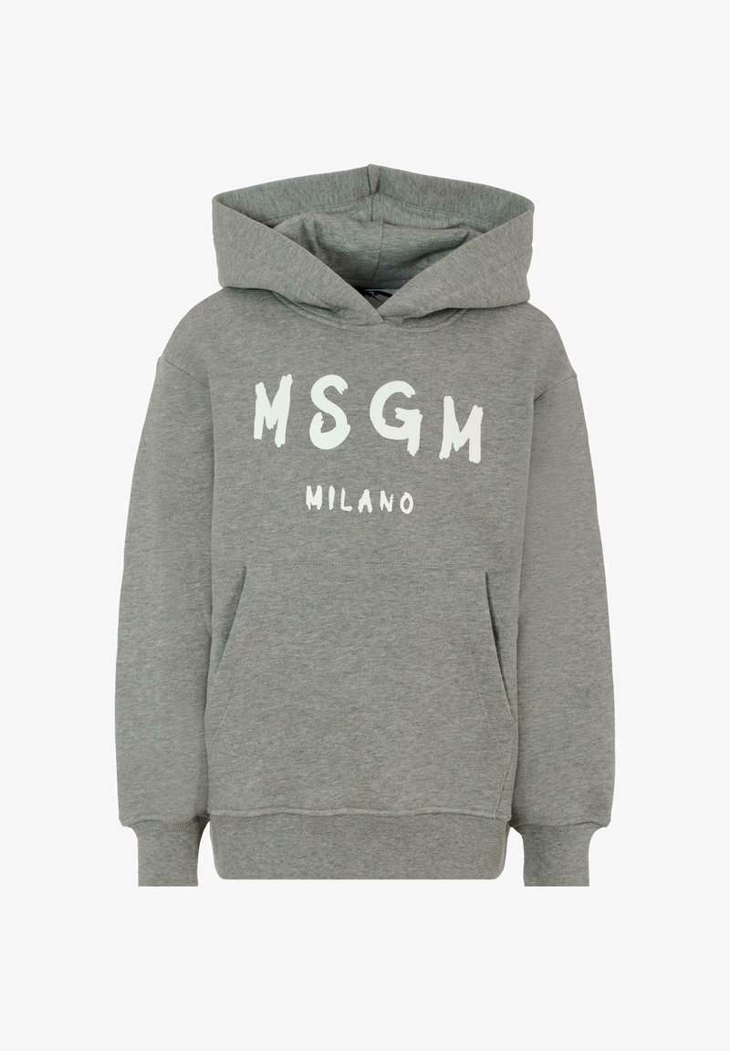 Felpa grigia realizzata in tessuto morbido, con tasca a marsupio frontale e una grande stampa bianca con la scritta "MSGM MILANO" sul petto.