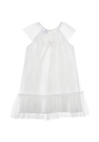 Vestido blanco con una tela transparente de puntos, mangas flotantes y un dobladillo con volantes, cerrado con un botón en la parte posterior.