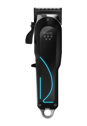 Black Wahl hair clipper with silver blades, adjustment lever, and blue illuminated curved line on the handle.