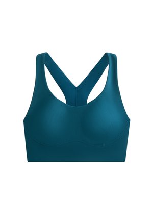 Turkos sport-bh med en slät textur, med en sömlös design, breda axelband och racerback-udden för stöd och komfort.
