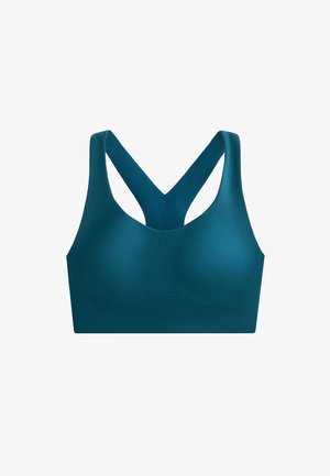 Sutien sport de culoare teal, cu o textură netedă, având un design fără cusături, bretele late și un decupaj tip racerback pentru susținere și confort.