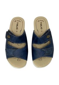 Infradito blu navy in pelle con due cinturini regolabili e una finitura texturizzata. Soletta imbottita e suola esterna bianca.