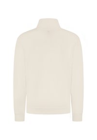 Licht beige trui met een hoge kraag, lange mouwen en geribbelde boorden. Gladde textuur met een minimalistisch ontwerp en geen zichtbare patronen.