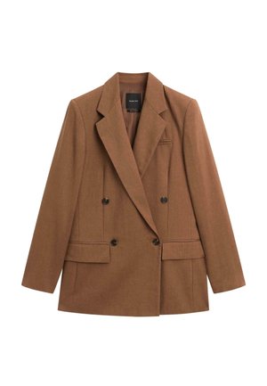Blazer marron à double boutonnage avec revers en pointe, deux poches avant, et boutons noirs, fabriqué à partir d'un matériau texturé.