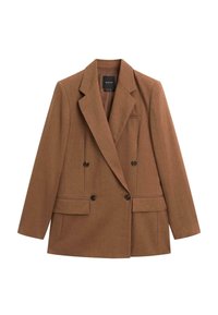 Blazer marron croisé, avec un col à revers, deux poches avant et des boutons noirs. Confectionné en tissu texturé.