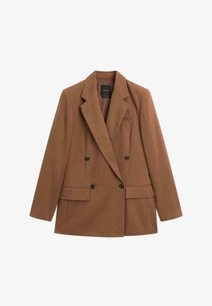 Blazer marron croisé, avec un col à revers, deux poches avant et des boutons noirs. Confectionné en tissu texturé.