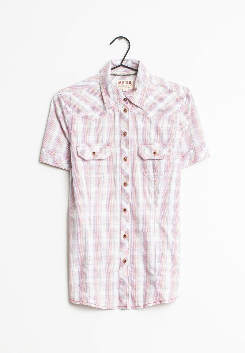 Camicia a maniche corte a quadri nei colori rosa, blu e bianco. Presenta due tasche frontali, bottoni marroni e un colletto. Tessuto di cotone leggero.