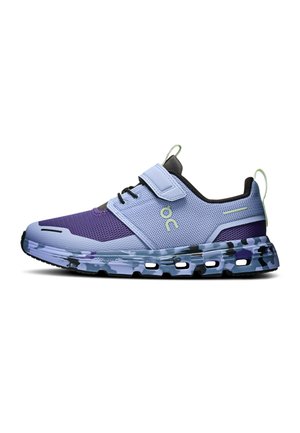 Purple and light blue athletic shoe with mesh upper, black accents, velcro strap, and a thick, patterned sole with rectangular cutouts.